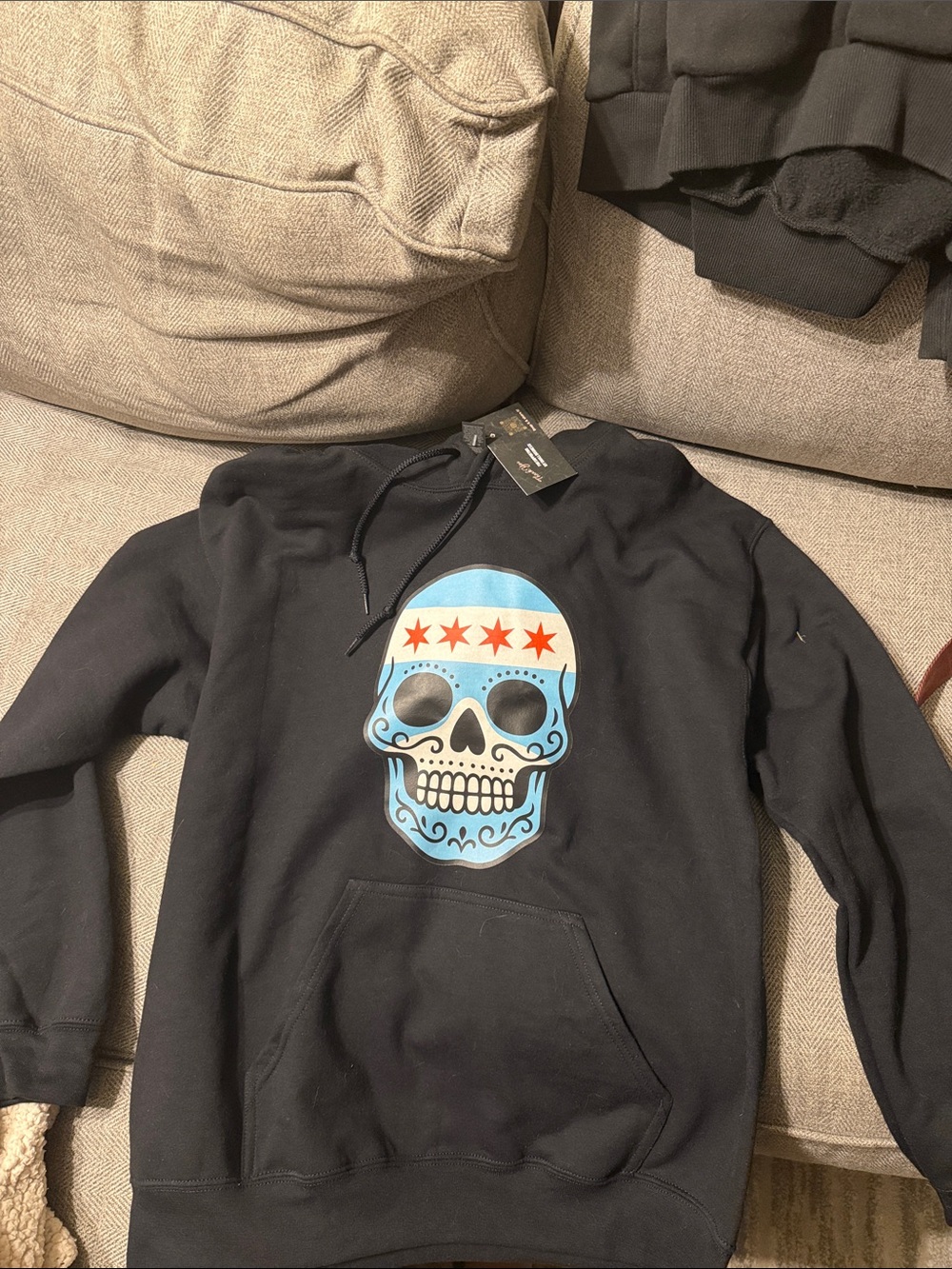 Black Men's Hoodie with Blue Skull Graphic
